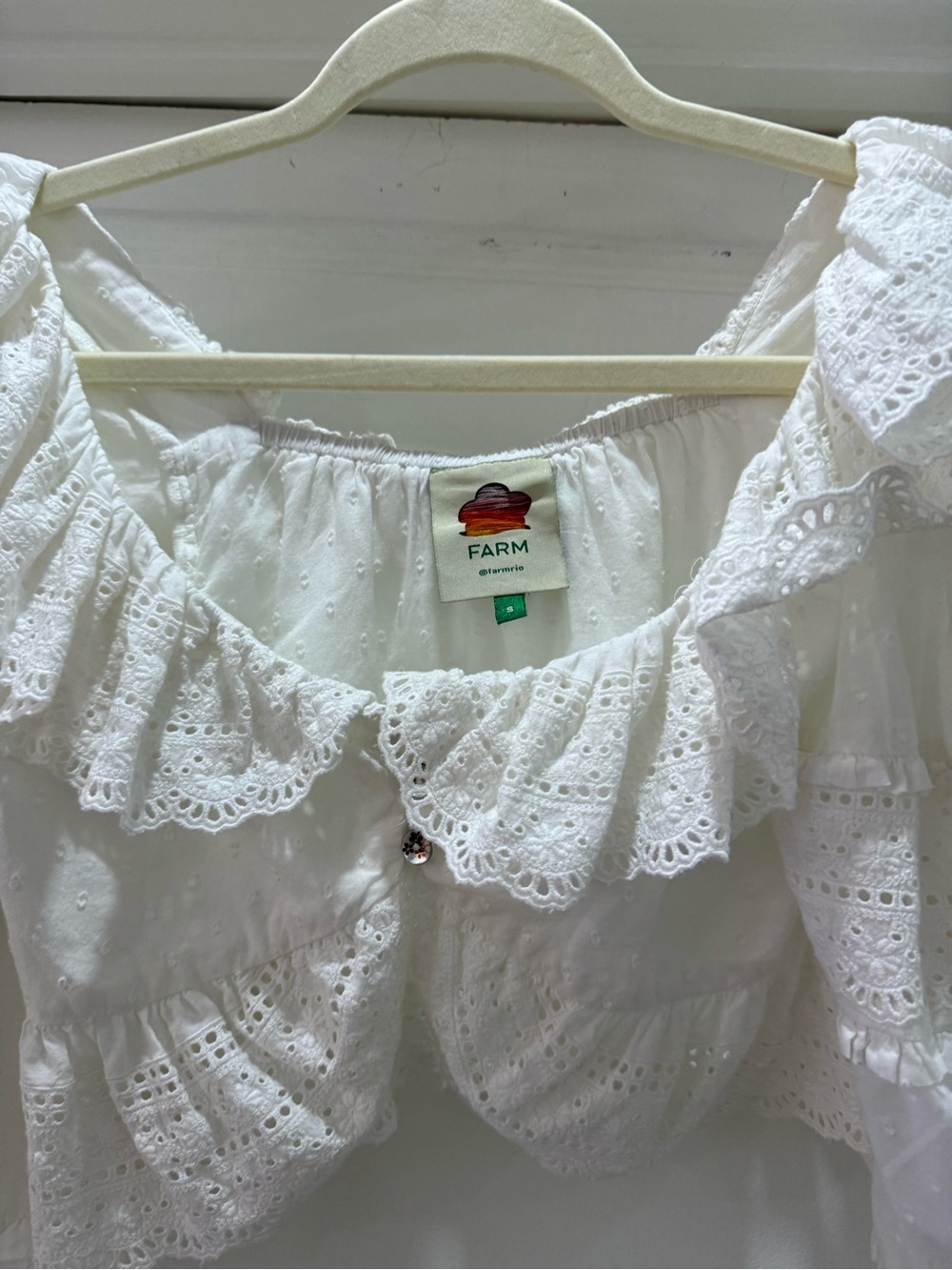 FARM Rio White Eyelet Off-Shoulder Ruffle Crop Top - Picture 7 of 8